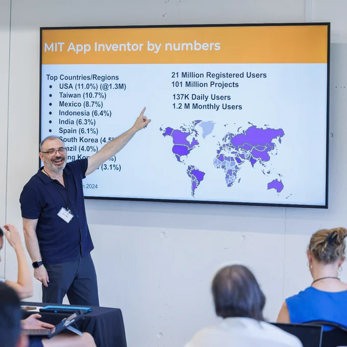 Selim Tezel presenting MIT App Inventor user statistics by region.
