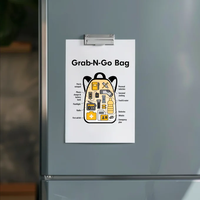 "Grab-N-Go Bag" emergency kit checklist attached to a refrigerator door with a clipboard. The checklist includes illustrations and descriptions of essential items organized within a backpack outline.