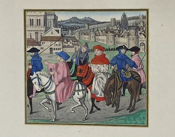 Image of several medieval travelers on horses, with a walled city in the background.