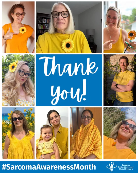 A collage of 9 photos of members of the SPAGN board and team wearing yellow for sarcoma. In the center is a blue square that says "Thank you!" The caption at the bottom says "Sarcoma Awareness Month 2025" with the SPAGN logo.