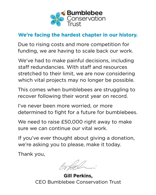 Black text on a white background: 
Due to rising costs and more competition for funding, we are having to scale back our work.
We’ve had to make painful decisions, including staff redundancies. With staff and resources stretched to their limit, we are now considering which vital projects may no longer be possible.
This comes when bumblebees are struggling to recover following their worst year on record.
I’ve never been more worried, or more determined to fight for a future for bumblebees.
We need to raise £50,000 right away to make sure we can continue our vital work.
If you’ve ever thought about giving a donation, we’re asking you to please, make it today.
Thank you,
We’re facing the hardest chapter in our history.
Gill Perkins,
CEO Bumblebee Conservation Trust
