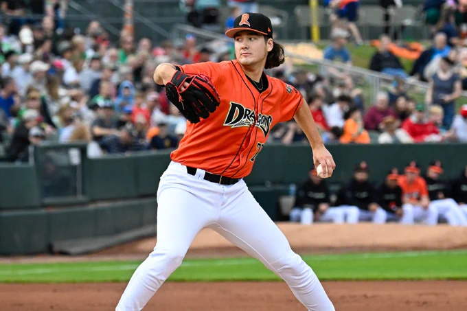 Adam Serwinowski winds up to throw a pitch while wearing an orange uniform top and white pants.