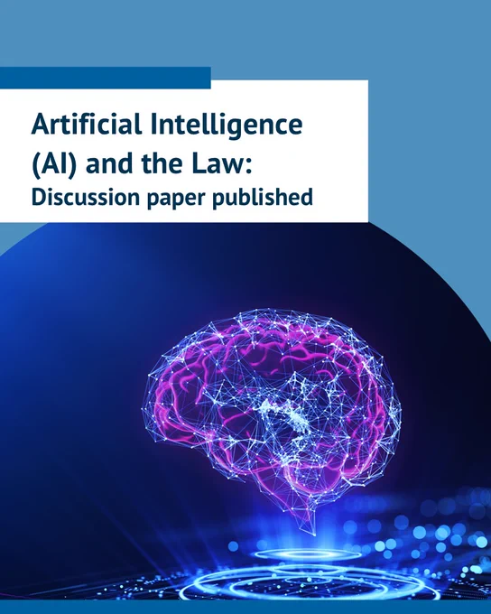 Photo of a digital holographic brain with text that says: ''Artificial Intelligence (AI) and the Law: Discussion paper published''