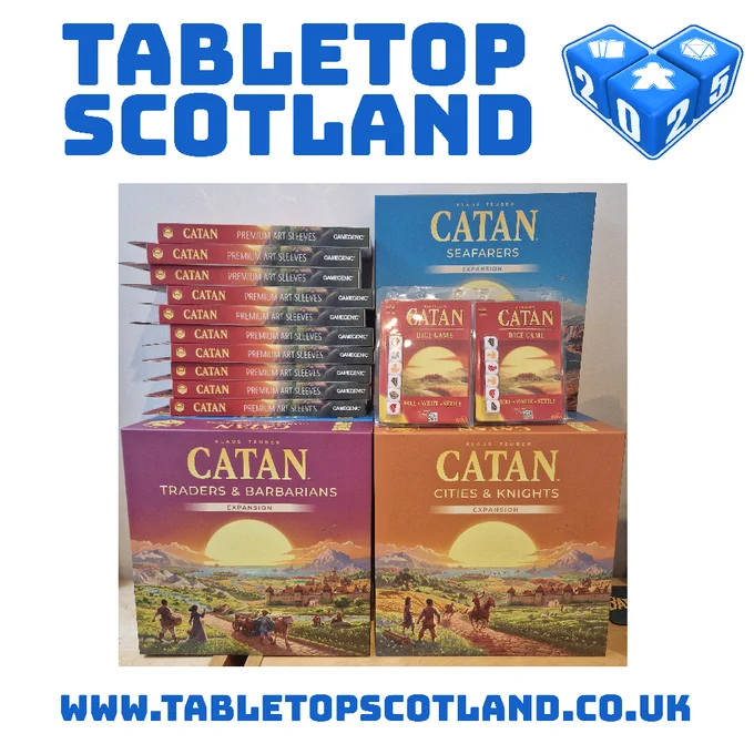 Image shows a bundle of Catan expansions and accessories.
