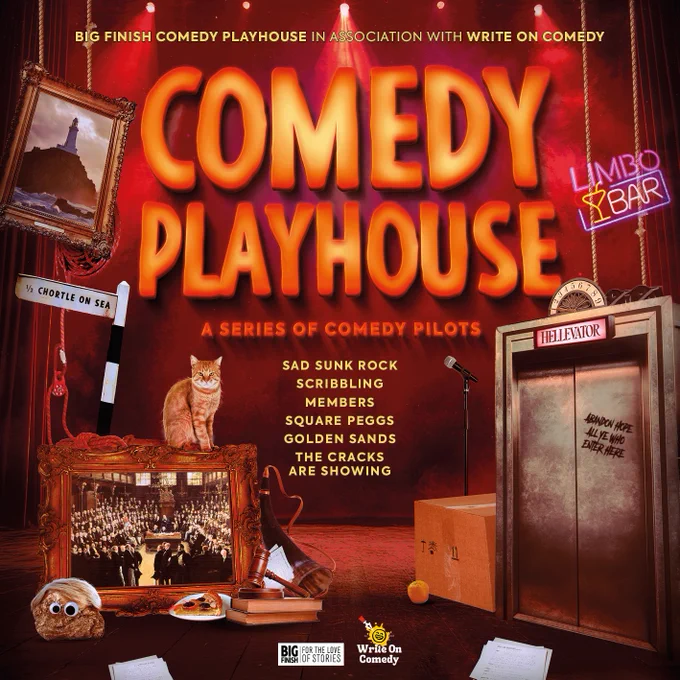 Cover artwork for Comedy Playhouse. A stage with a red curtain and spotlights behind is filled with various items, including: an elevator door, two paintings (of the House of Commons and a lighthouse), a sign pointing to Chortle-on-sea, a neon "limbo bar" sign, a ginger cat, a microphone stand. 
