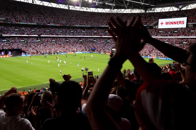 The Lionesses celebrate becoming European Champions at Wembley Stadium in 2022.