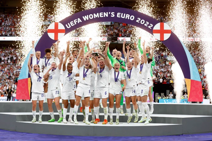 The Lionesses celebrate becoming European Champions at Wembley Stadium in 2022.