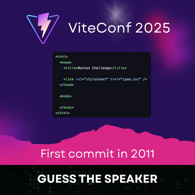 Another clue for guessing the speaker - this time about his first commit which happened more than 14 years ago! Shown is the following code:

<html>
  <head>
    <title>Boston Challenge</title>

    <link rel="stylesheet" href="ipad.css" />
  </head>

  <body>

  </body>
</html>