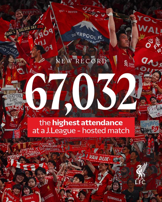New record for the highest attendance at a J.League - hosted match: 67,032.