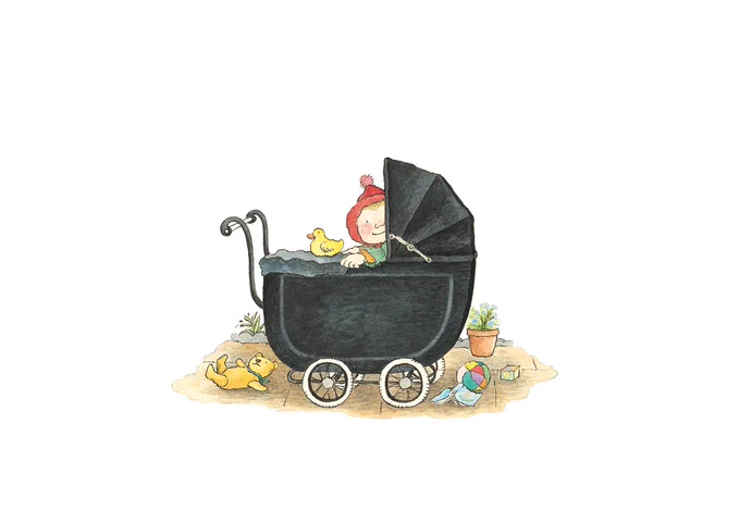 Illustration by Janet Ahlberg of a baby (claimed by Allan Ahlberg to be himself) in an old fashioned pram.