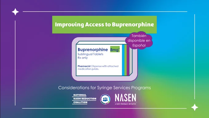 Over blue/green/purple gradient background, white line borders with two "sparkle" icons frame content. White font over green text box reads, "Improving Access to Buprenorphine". Below this is graphic of buprenorphine box outlined in purple. Small cloud-like purple shape above the box reads in white, "También disponible en Español". White font beneath buprenorphine box reads, "Considerations for Syringe Services Programs". At bottom center are NHRC, NSSSP, and NASEN logos.
