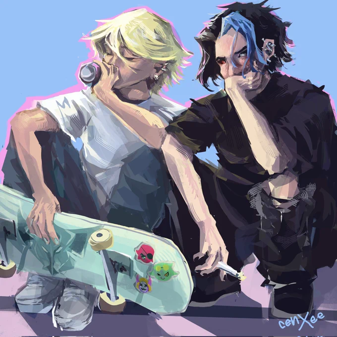 ezreal  e kayn sentados, ezreal com um skate e bebendo de uma latinha, kayn com um cigarro na mão 