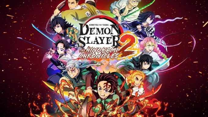 A vibrant poster for "Demon Slayer 2: The Hinokami Chronicles," showcasing the main characters in dynamic poses against a fiery background.