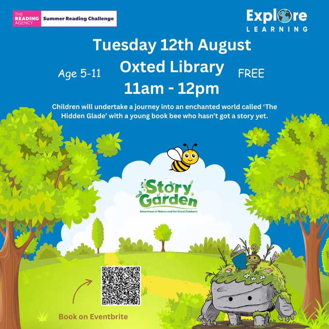A leafy picture with trees and one of the Summer Reading Challenge rock creatures and a bee advertising Explore Learning's workshop.