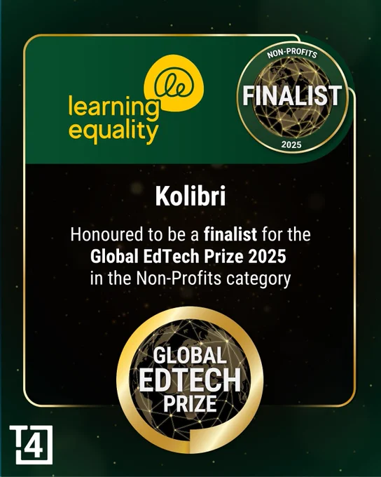 Graphic share from T4 Education announcing learning equality and kolibri as a finalist of the global edtech prize 2025 in the non-profit category.