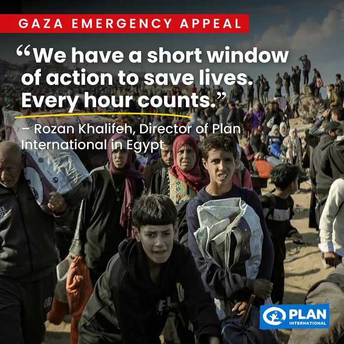 Children and families walk through a crowded area carrying their belongings. A red banner reads “GAZA EMERGENCY APPEAL.” A quote below urges urgent action: “We have a short window of action to save lives.”