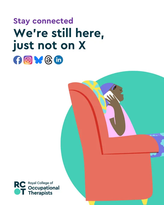 Text reads 'Stay connected – We’re still here, just not on X' with a logo for Facebook, Instagram, Bluesky, Threads and LinkedIn underneath. It features an illustration of a person sitting in an armchair, smiling while talking on the phone.