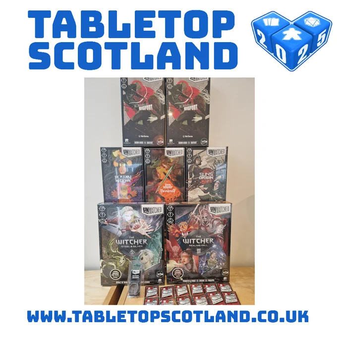 Image shows a bundle of Unmatched board game versions and accessories