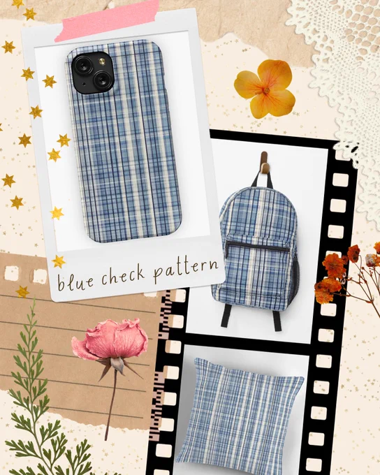 A collage image featuring products decorated with a timeless blue and white checkered pattern, including a smartphone case, backpack, and decorative pillow. Surrounding decorative elements include pressed flowers, lace, and vintage paper textures, enhancing the stylish aesthetic.