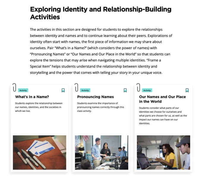 Screenshot from the linked resource library, describing three back-to-school activities focused on students' names.
