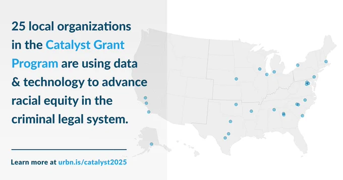 a gray map of the US shows 25 blue dots around the country with the words: 25 local organizations in the Catalyst grant program are using data & technology to advance racial equity in the criminal legal system. Learn more at urbn.is/catalyst2025