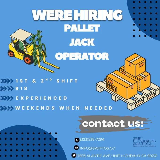 We're hiring for  Pallet jack operator, feel free to contact us if you have any questions!

#applynow #applyforajob #warehousejob #palletjackoperator #1stshif #2ndshift #weekendwarehousejob #cudahy #southgate #jobagency #swiftoutsourcingsolutions #sos