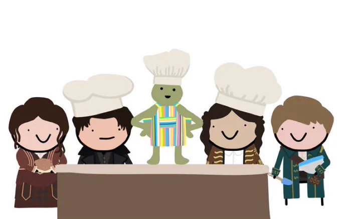 Cartoon drawings of characters from shadow and bone are standing in a line : Nina, Kaz, Alina and Nikolai. In front of them on top of a kitchen counter is Tiny Chef with hands on hips