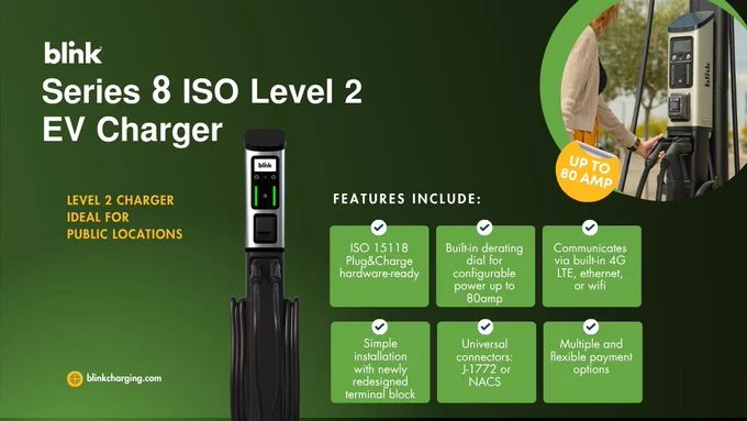 Blink Series 8 ISO Level 2 EV Charger designed for public locations with up to 80 amp power and ISO 15118 Plug&Charge support.