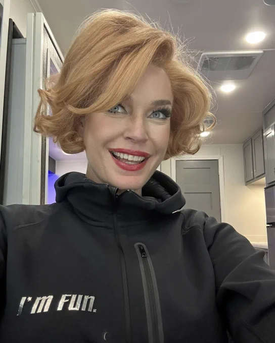 Rebecca Romijn smiling behind the scenes of Star Trek Strange New Worlds
