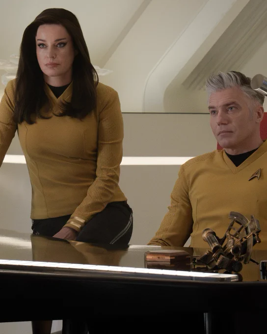 Rebecca Romijn and Anson Mount on the set of Star Trek Strange New Worlds.