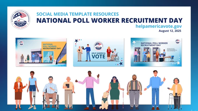 A blue gradient fills the background with a white inlayed square. Top center is a circular EAC logo. Below in blue text reads "Social Media Template Resources, National Poll Worker Recruitment Day, Helpamericavote.gov, August 12, 2025". Below are 3 social media graphic templates and a set of 9 illus