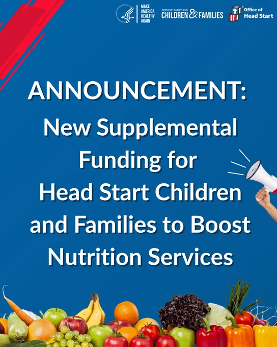 Announcement poster from the Office of Head Start, stating new supplemental funding for children and families to boost nutrition services. The image features a megaphone and an array of fresh fruits and vegetables in the foreground.