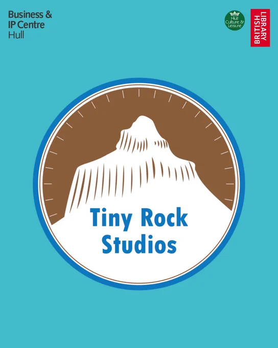 Logo of Tiny Rock Studios, featuring a stylized mountain inside a brown circle on a teal background, with the text "Tiny Rock Studios" at the center. The logo includes affiliations with the British Library and IP Centre Hull, shown at the top.