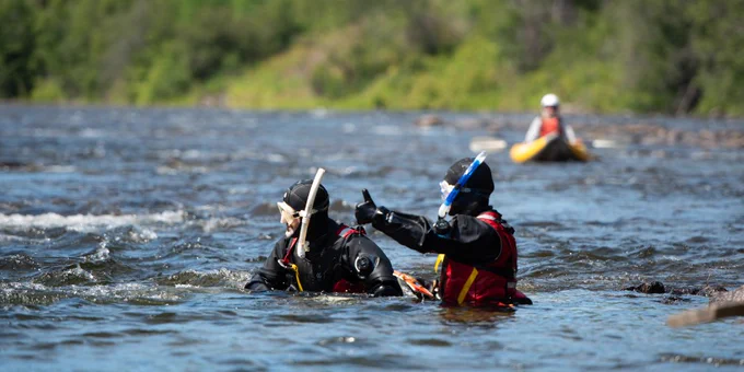 Researchers in wetsuits and snorkel gear are conducting a rainbow trout survey in the Stellako River. The pair are discussing and one is pointing, with another researcher visible in a kayak in the background.