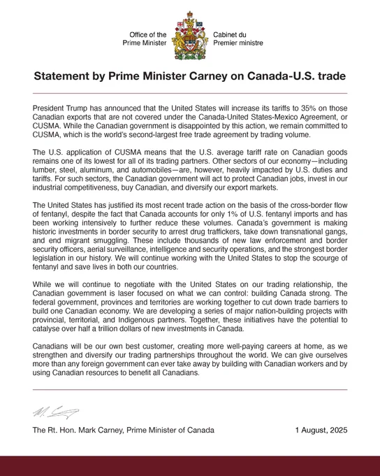 Statement by Prime Minister Carney on Canada-U.S. trade.