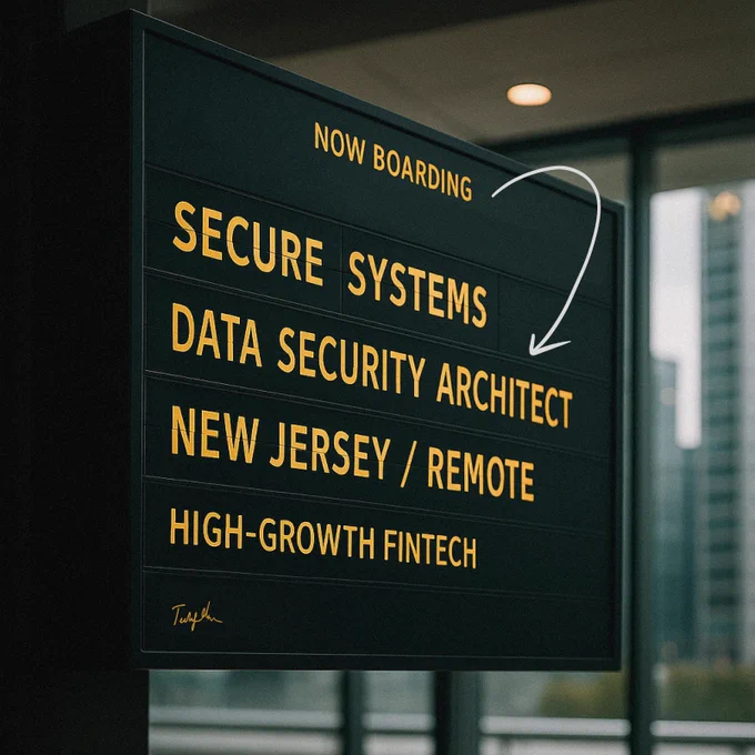 Job graphic for Data Security Architect role based in New Jersey or remote across the US. Styled like an airport departures board, it features bold yellow lettering with phrases like “Secure Systems” and “High-Growth Fintech,” highlighting a senior data protection opportunity in cloud-native environments.