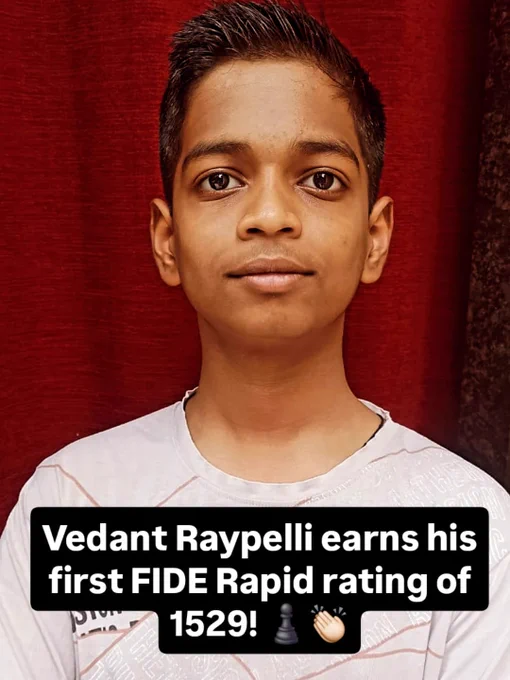 Then the Magarpatta branch shut down.
Most would’ve taken it as a sign to quit.
Vedant didn’t.
He started commuting 15 km to our Karvenagar centre every weekend.
No complaints. Just commitment.

There were setbacks. Many.
But he didn’t chase ratings or wins.
He chose to focus on the process.

He kept doing the boring, consistent work.
Progress was happening in the background.

And now…
He’s got his first FIDE Rapid Rating.

It’s a milestone. Not the finish line.
Vedant, this is just the beginning.
You’re just getting started.

Let’s go.