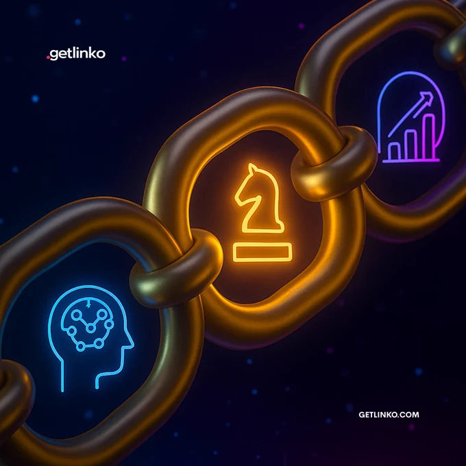 Cadena dorada con íconos de IA, estrategia y crecimiento, junto al logo y sitio web de Getlinko sobre fondo digital futurista.