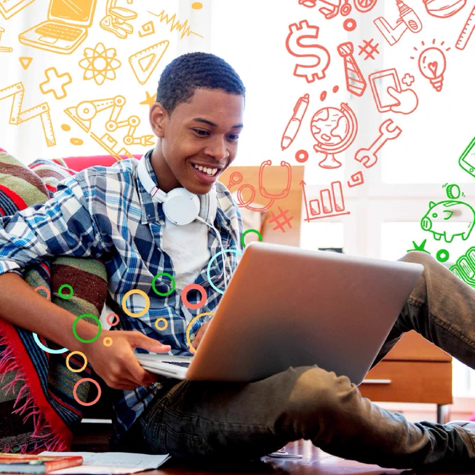 A smiling student sits on the floor with a laptop in his lap, wearing headphones around his neck. Colorful illustrated icons representing education, science, technology, money, and communication surround him, symbolizing learning and future opportunities.