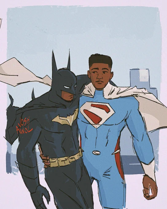 superman holds up Batman in one arm. It's daylight outside.