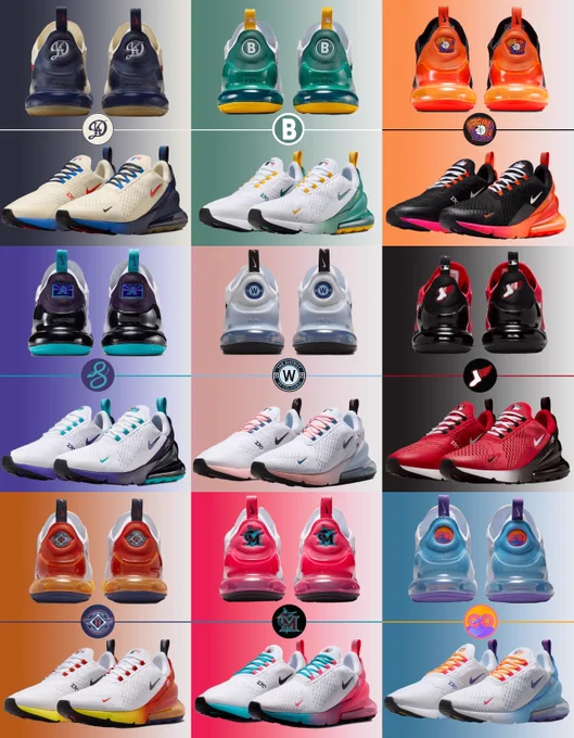 2 product images for each Nike City Connect Air Max shoe, including the following MLB teams: Dodgers, Red Sox, Giants, D-backs, Nationals, White Sox, Astros, Marlins and Rockies.