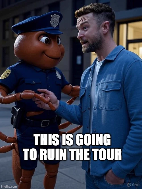 An anthropomorphic tick dressed as a police officer is interactive with Justin Timberlake.  A caption reads "This is going to ruin the tour".