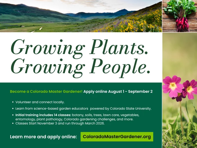 Advertisement for the Colorado Master Gardener program featuring text about program details, images of fresh vegetables and flowers, with a call to action to apply online at ColoradoMasterGardener.org.