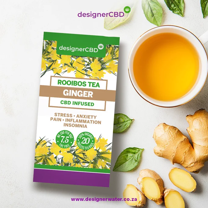Your wellness ritual starts here 🌱 Rooibos Ginger CBD Tea combines bold flavour and plant-powered calm in every sip.  100% organic, 100% delicious. 7.5mg CBD per tea bag. No THC. Just good vibes. www.designerwater.co.za #CBDTea #RootedInCalm