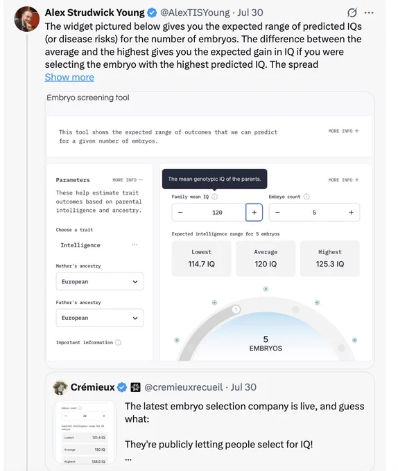 A quote tweet of Cremieux a pseudo who "tweets about race & genetics"
see here for more background on Cremieux/Lasker: https://www.theguardian.com/us-news/2025/mar/03/natal-conference-austin-texas-eugenics

Text reads:
The widget pictured below gives you the expected range of predicted IQs (or disease risks) for the number of embryos. The difference between the average and the highest gives you the expected gain in IQ if you were selecting the embryo with the highest predicted IQ. 