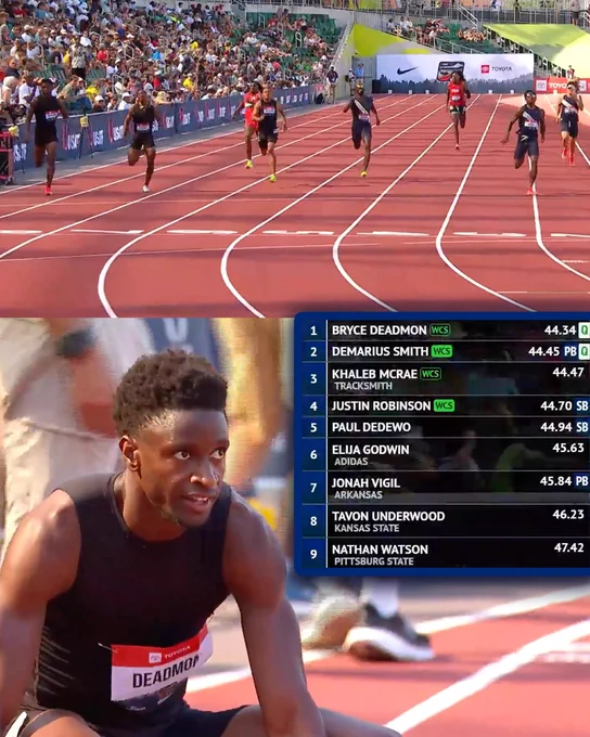 2023 national champ Bryce Deadmon advances to the final winning the first 400m heat in 44.34 #USATFOutdoors 