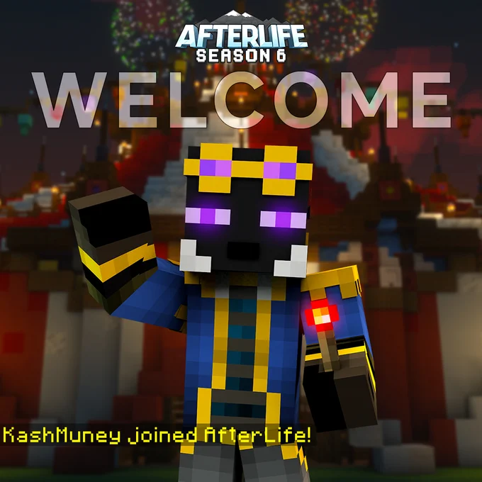 KashMuney, a steampunk enderman holding a redstone torch waving hi in front of the circus from his KashCraft series. Kash is the first new member to join AfterLife for Season 6.