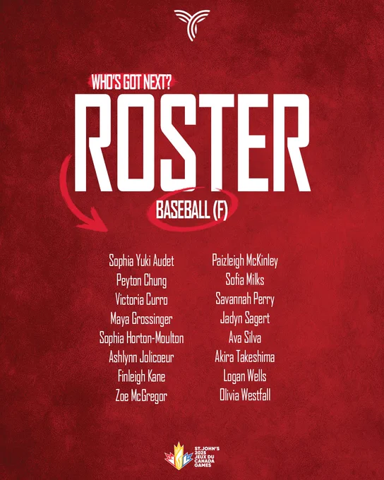 Graphic on a textured red background featuring white text that lists the Team Ontario women's baseball roster for the 2025 Canada Games