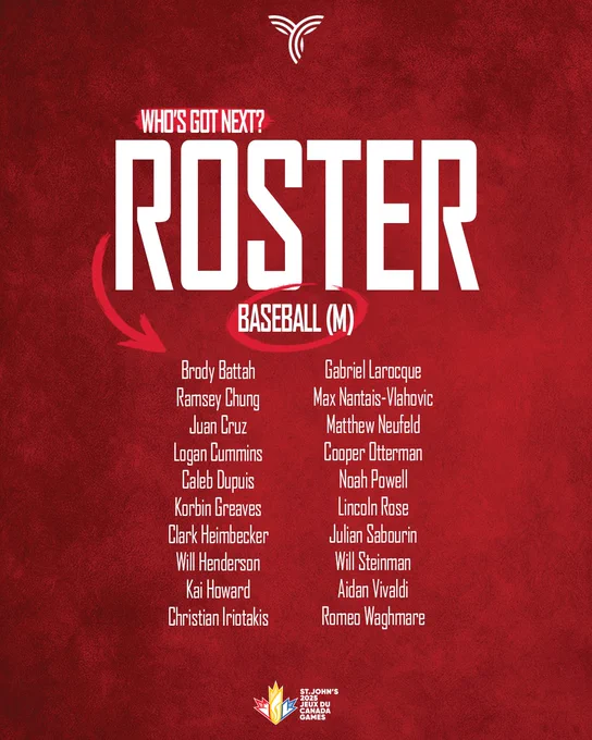 Graphic on a textured red background featuring white text that lists the Team Ontario men's baseball roster for the 2025 Canada Games