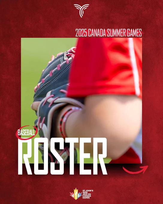 Graphic on textured red background featuring a close up photo of a Team Ontario baseball player surrounded by white text that reads, '2025 Canada Summer Games - Baseball Roster'.